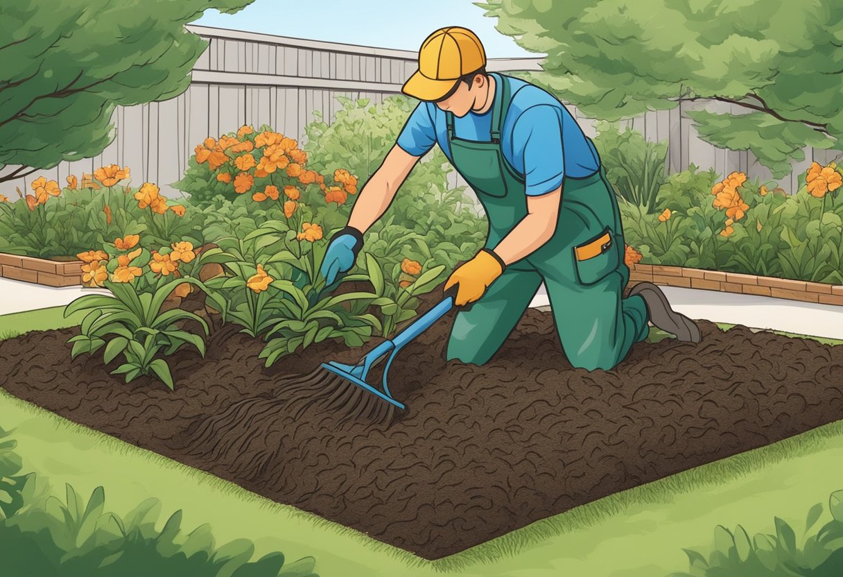 A gardener spreads mulch around plants in a well-maintained garden bed