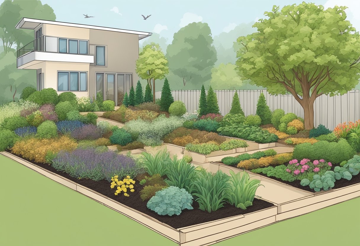 A garden with a variety of plants and trees, mulch covering the soil to retain moisture and suppress weeds. Compost or organic materials used for sustainability