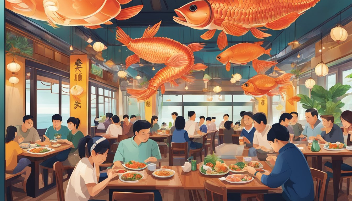 Customers enjoying a variety of fresh seafood dishes at Fu Zhen restaurant, with colorful decor and lively atmosphere