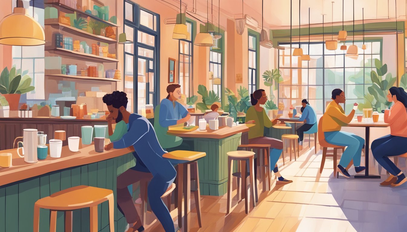 People chatting, sipping coffee, and enjoying pastries in a bustling café with colorful decor and cozy seating