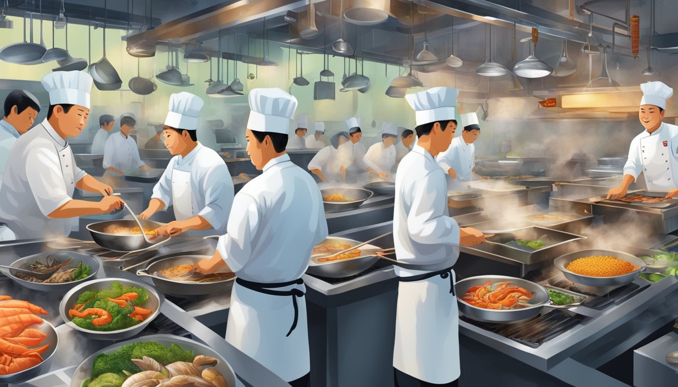 Busy kitchen at Fu Zhen seafood restaurant. Chefs stir-frying, steaming, and grilling fresh seafood. Steam rising, sizzling sounds. Colorful ingredients and utensils scattered