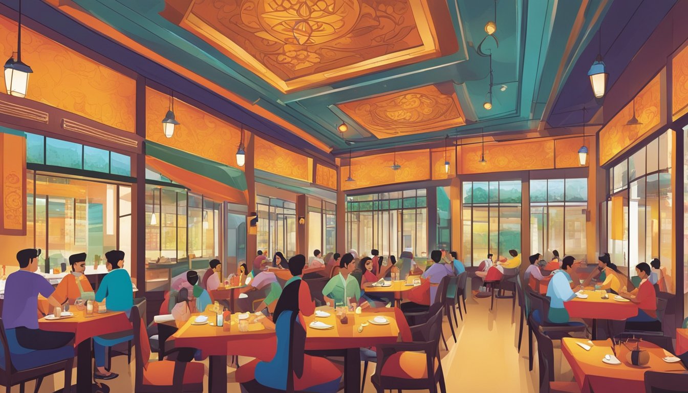 The bustling Indian restaurant in Raffles City is filled with vibrant colors, aromatic spices, and sizzling dishes, creating an inviting and lively atmosphere