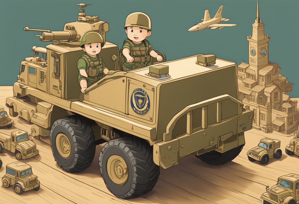 A baby name "Gunner" is engraved on a wooden sign, surrounded by toy trucks and military-themed decor, symbolizing the child's future identity