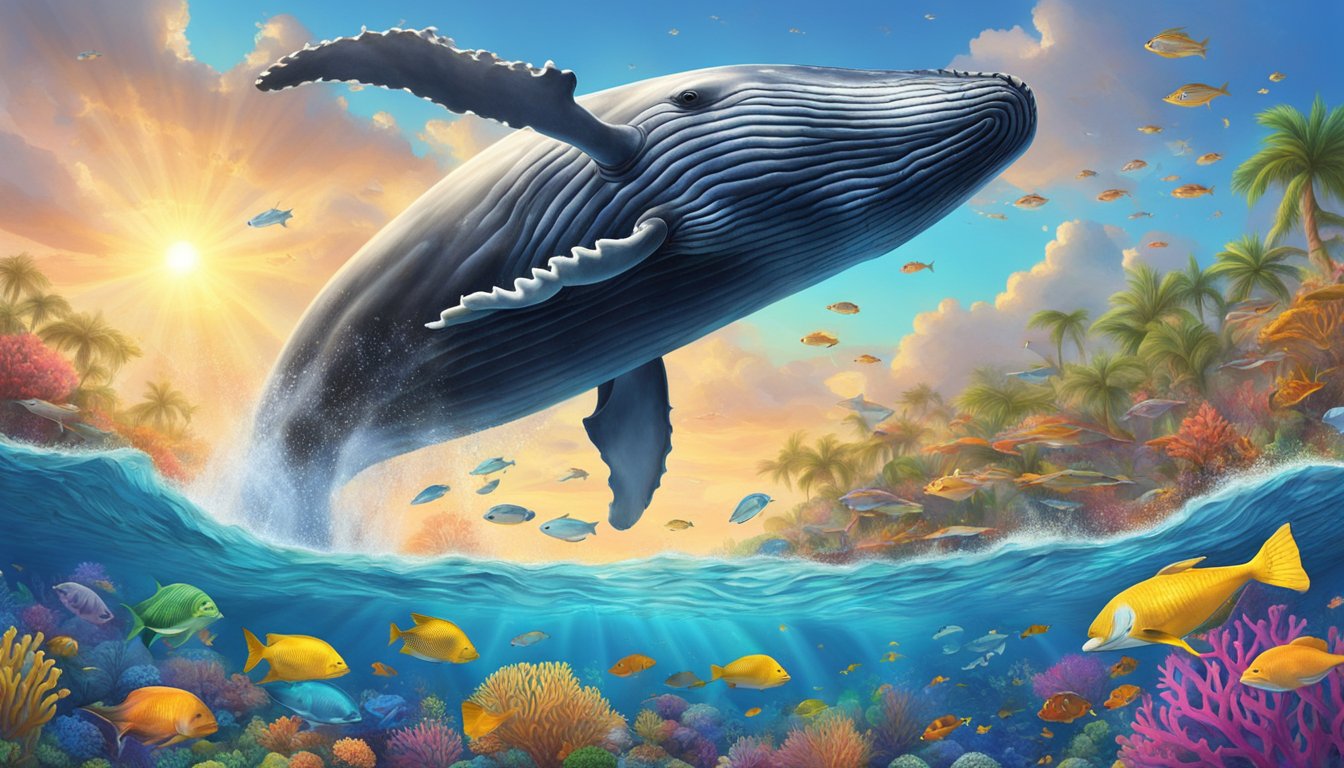 A humpback whale breaches near a vibrant coral reef, surrounded by schools of colorful fish and marine life. The sun shines down, casting a warm glow on the underwater scene