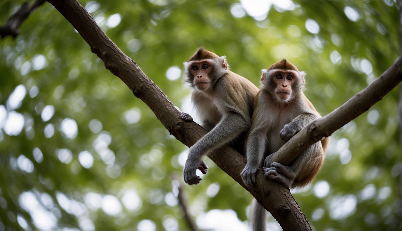 Monkeys scale tree branches, using strong limbs and flexible joints to navigate the forest canopy