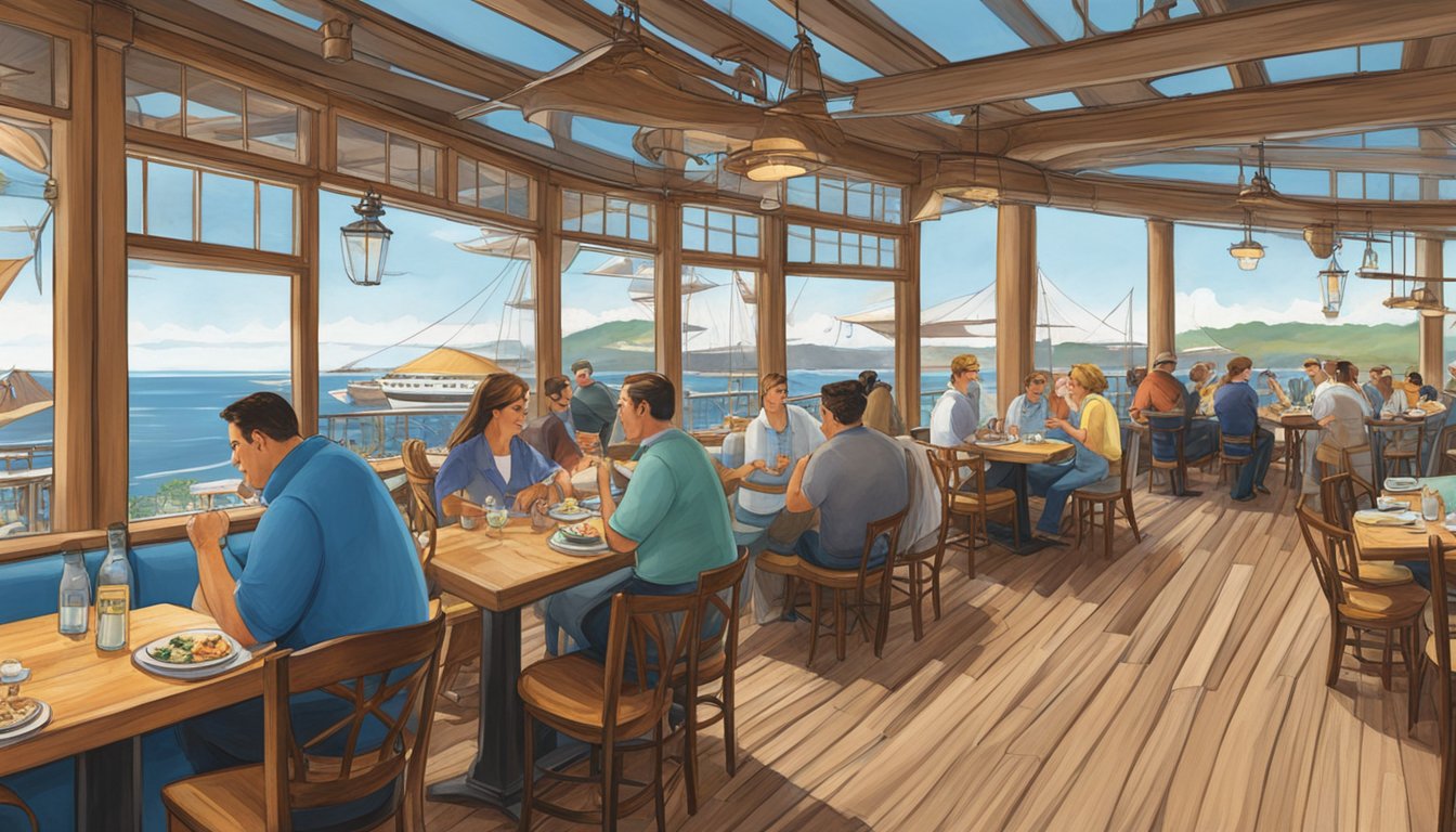The humpback restaurant bustles with diners enjoying seafood and ocean views. The open-air space features wooden tables and a nautical theme