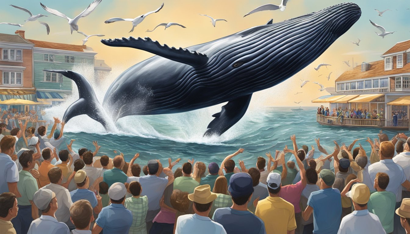 A humpback whale breaches the ocean surface near a bustling restaurant, surrounded by onlookers and seagulls