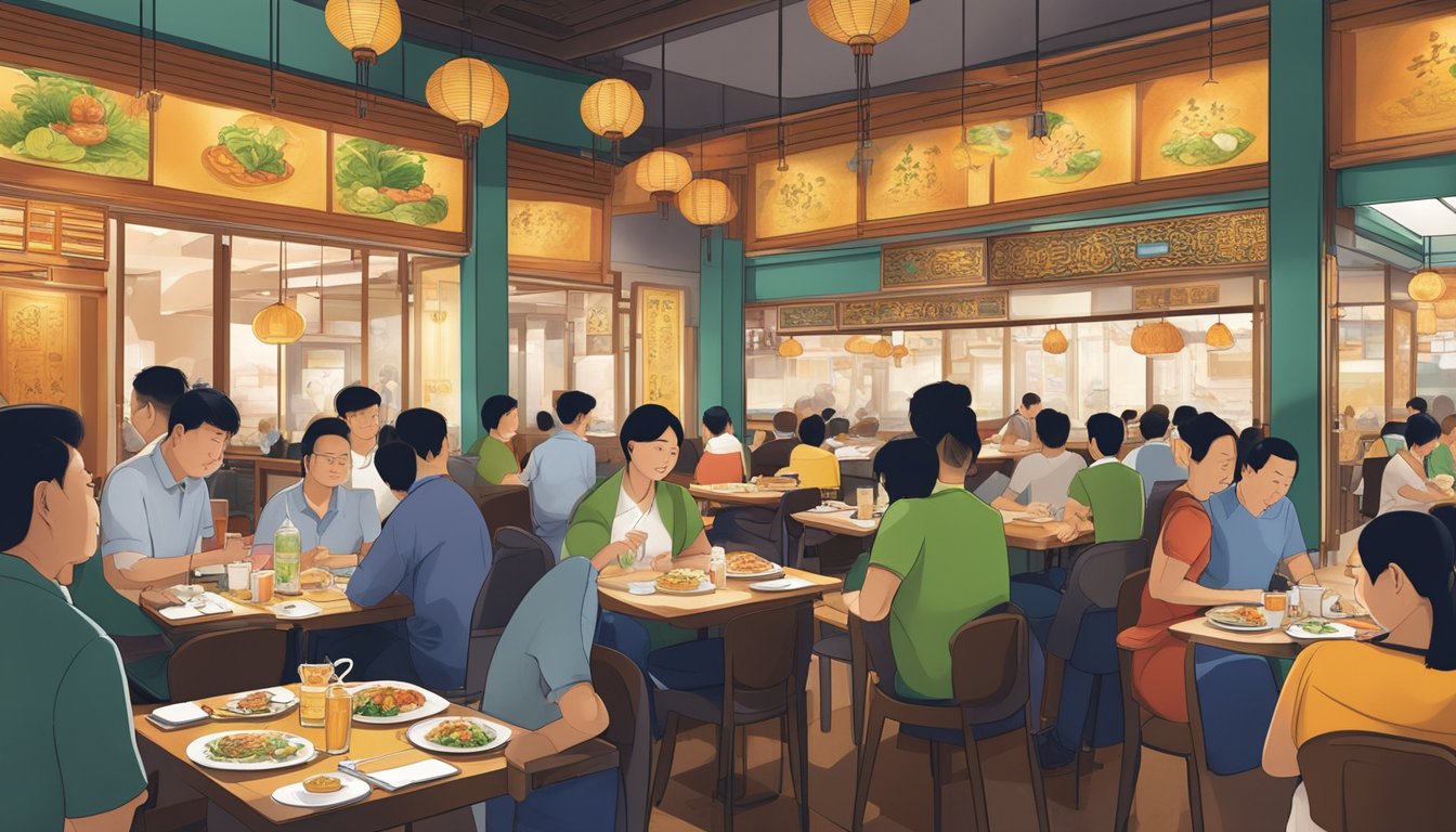 A bustling Chinese restaurant at Causeway Point, filled with diners and servers. The aroma of sizzling dishes fills the air as customers peruse the menu