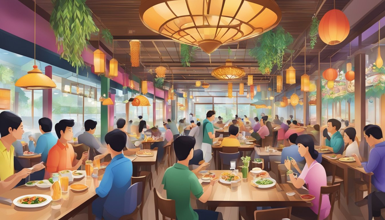 Bustling Singapore restaurant with colorful decor and aromatic dishes being served