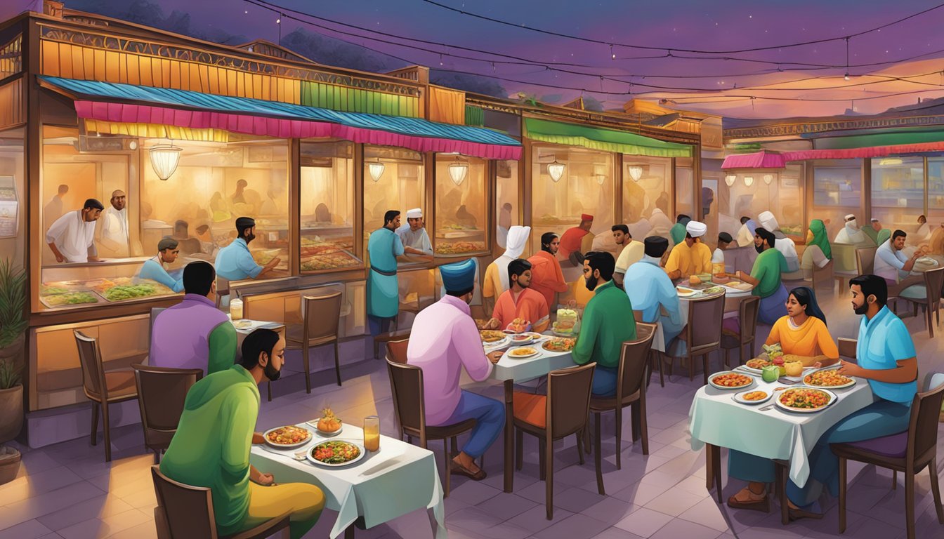 A bustling Deen restaurant serves Indian Muslim food. Rich aromas fill the air as colorful dishes are prepared and served to eager customers