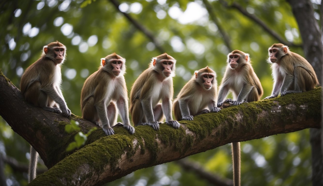 A group of monkeys communicate and interact while climbing through the trees, demonstrating their social dynamics and climbing skills