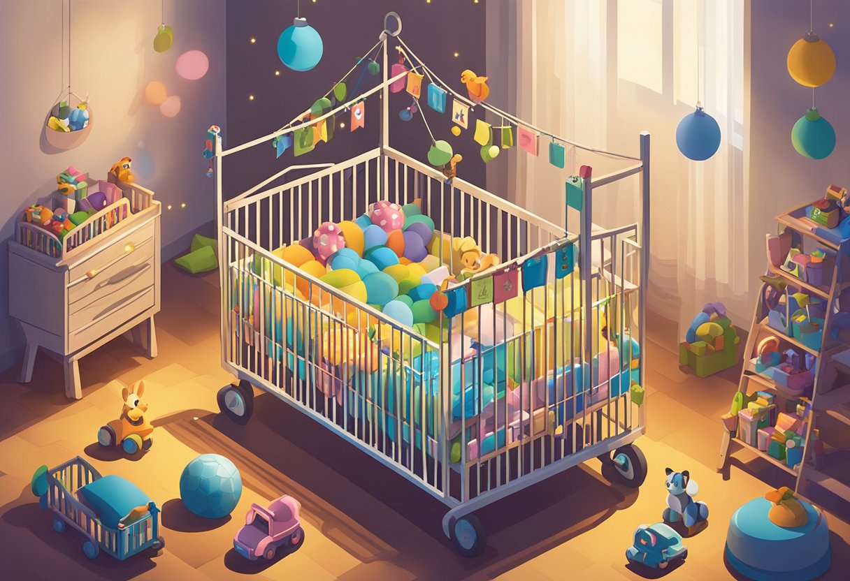 A crib with the name "Gwen" written in colorful letters, surrounded by toys and a mobile hanging above