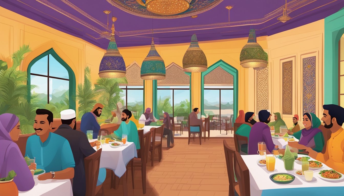 Customers enjoying a variety of Indian Muslim dishes at Deen Restaurant, with colorful decor and a welcoming atmosphere