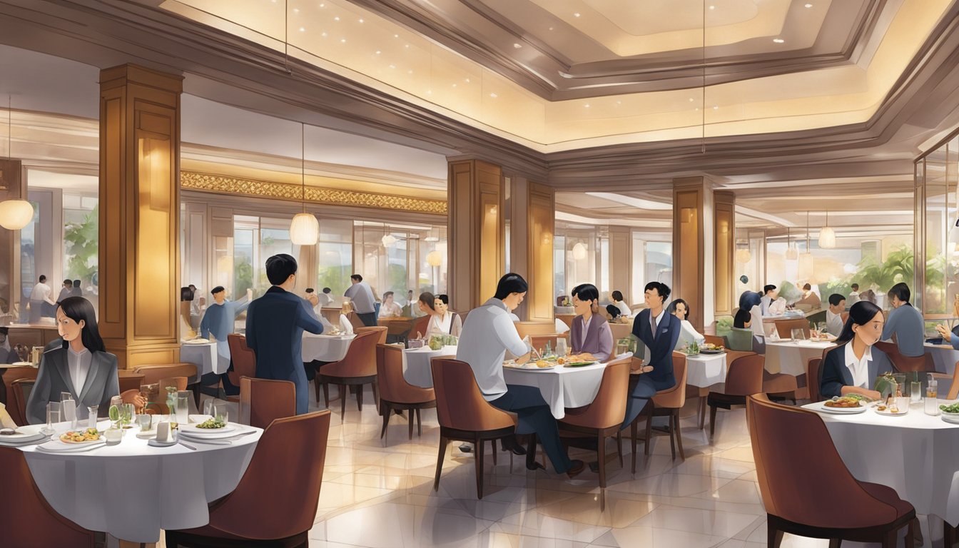 The bustling restaurant at Intercontinental Singapore, with diners enjoying a variety of cuisines and the staff attending to their needs