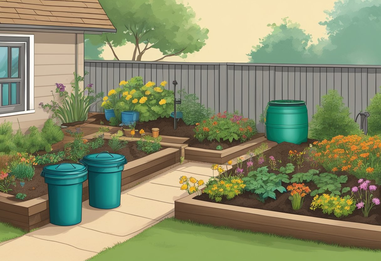 A garden with compost bins, rain barrels, and native plants. Mulch and natural pest control methods are used. No chemical fertilizers or pesticides