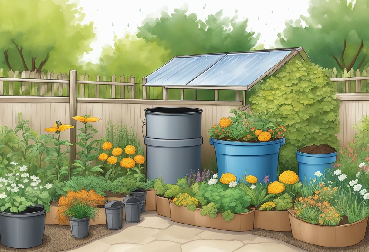 A garden with compost bins, rain barrels, and native plants. Mulch and drip irrigation reduce water use. No chemical pesticides or synthetic fertilizers used