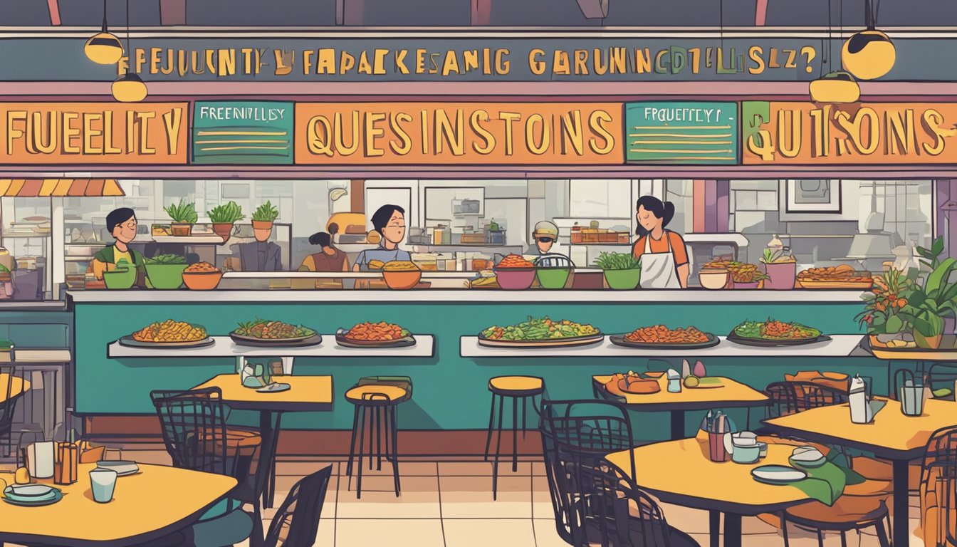 A bustling restaurant in Singapore, with a sign reading "Frequently Asked Questions" in bold lettering, surrounded by colorful and aromatic dishes