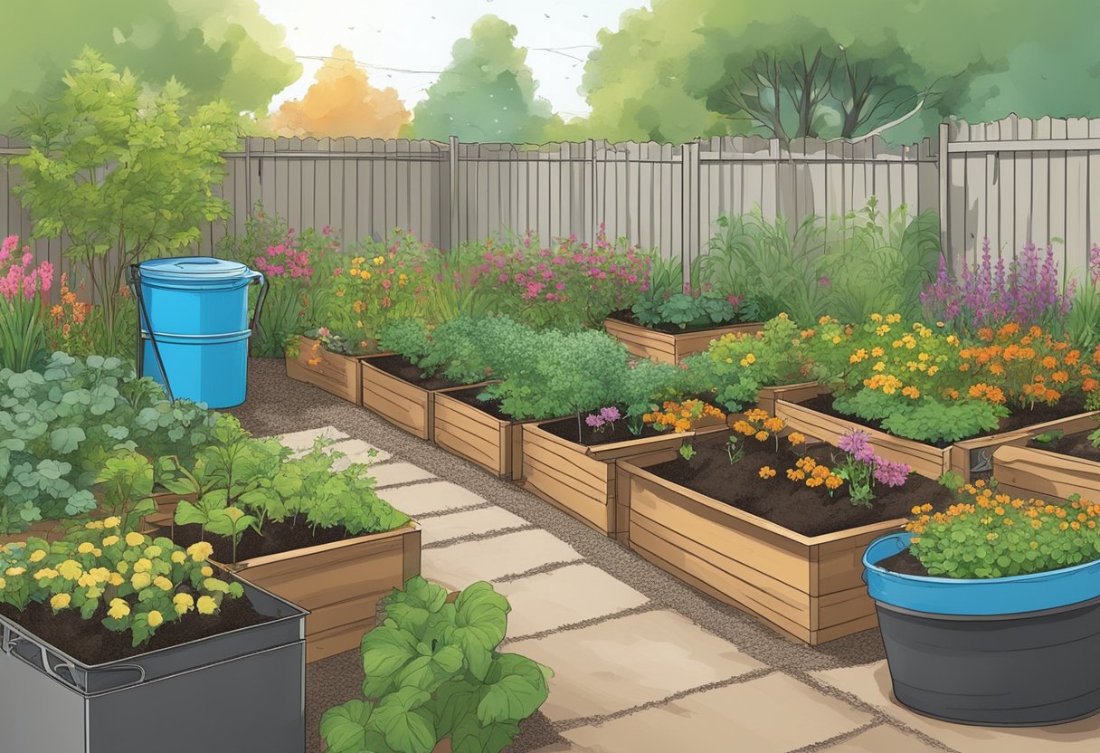 A garden with compost bins, rain barrels, and native plants. A solar-powered irrigation system waters the garden beds. Mulch and compost cover the soil