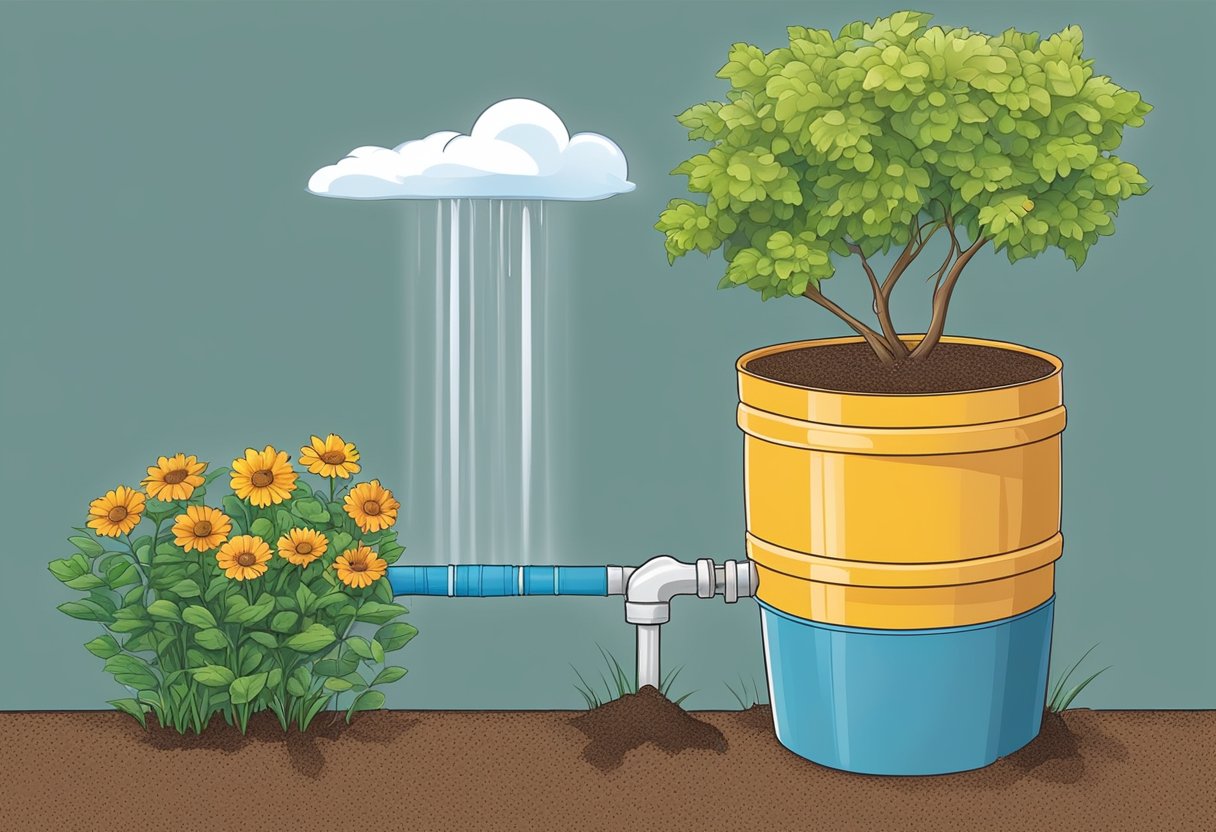 A rain barrel collects water from a downspout. Drip irrigation delivers water directly to plant roots. Mulch retains moisture in the soil