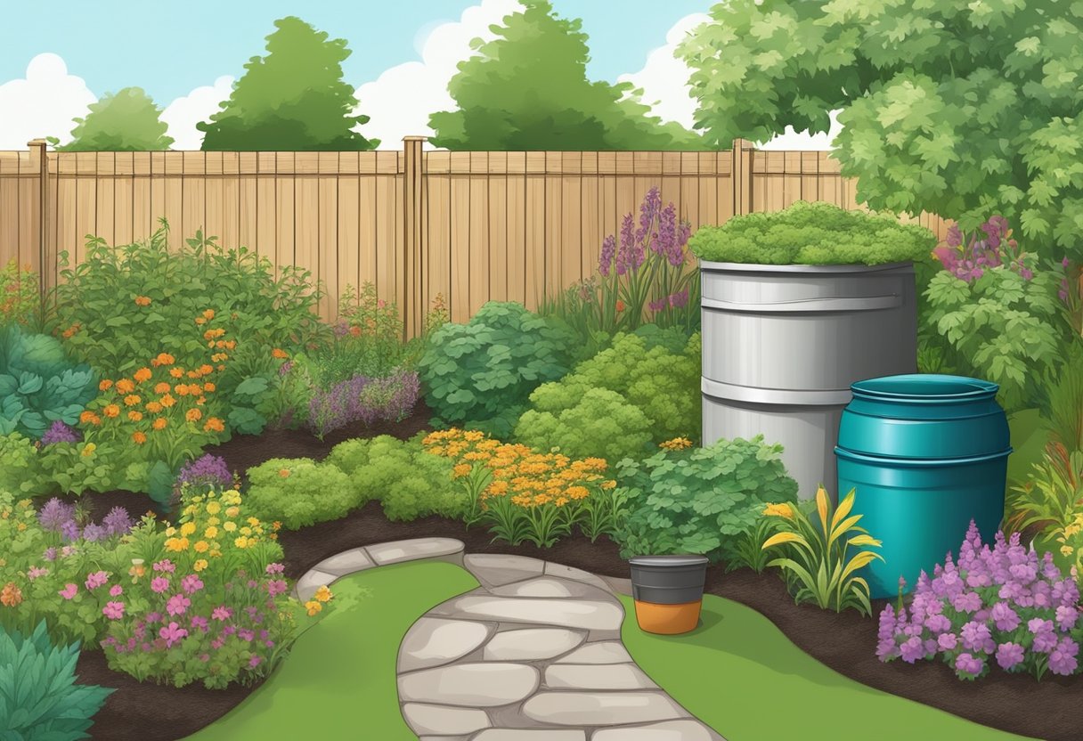 Lush garden with compost bin, rain barrels, and native plants. No chemical pesticides or synthetic fertilizers used. Mulch and crop rotation for soil health