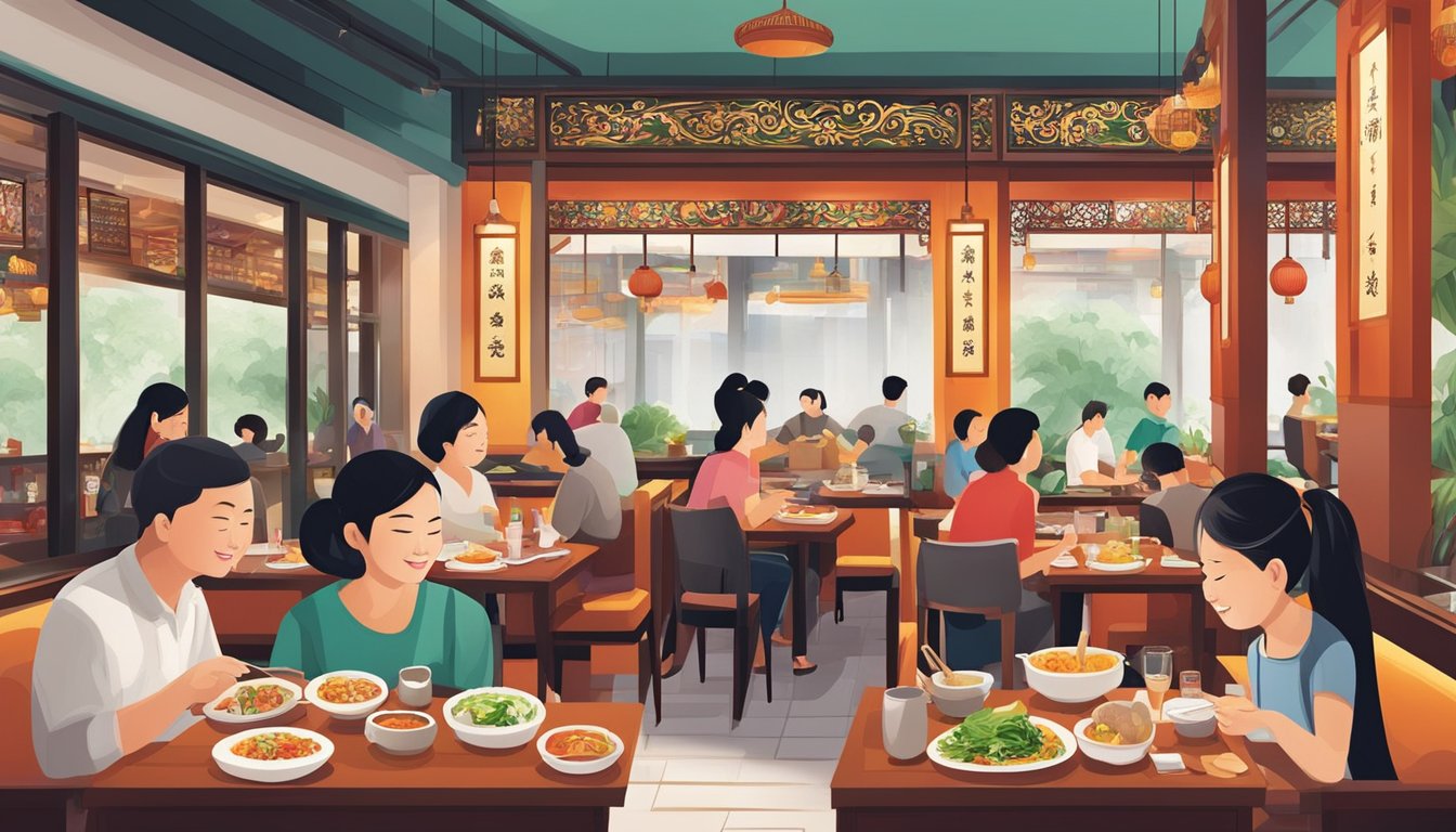 Customers enjoying Sichuan cuisine at Chengdu Restaurant in Singapore. Vibrant decor, aromatic dishes, and bustling atmosphere