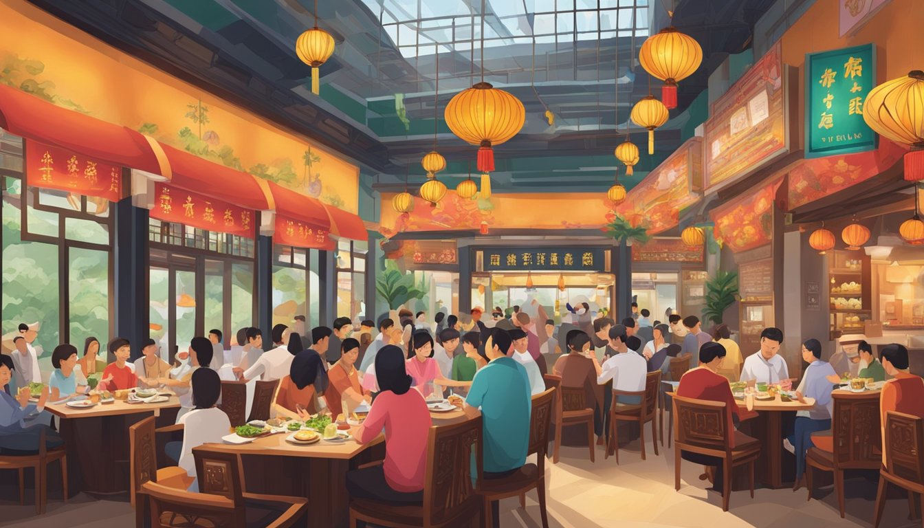 The bustling Chengdu restaurant in Singapore showcases vibrant dishes and lively atmosphere, with diners savoring Sichuan delicacies and colorful decor