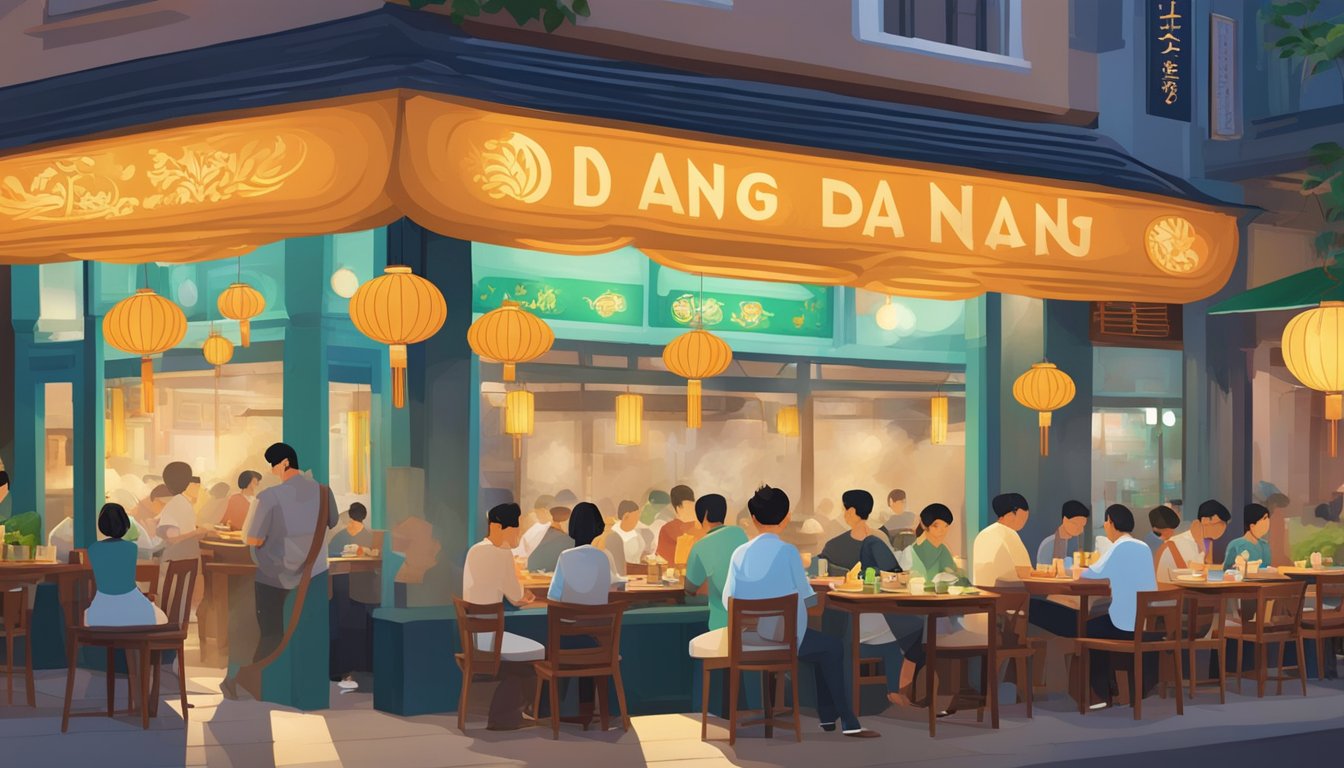 A bustling Da Nang restaurant with colorful lanterns, steaming bowls of pho, and bustling waitstaff serving tables