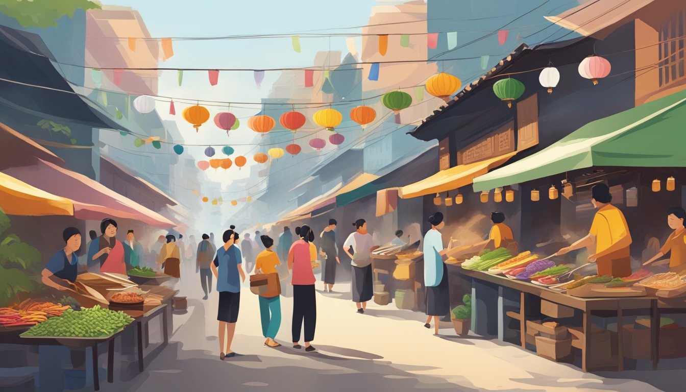 A bustling street lined with colorful food stalls and bustling with locals and tourists. Aromatic smoke rises from sizzling grills, while vendors skillfully prepare traditional Vietnamese dishes