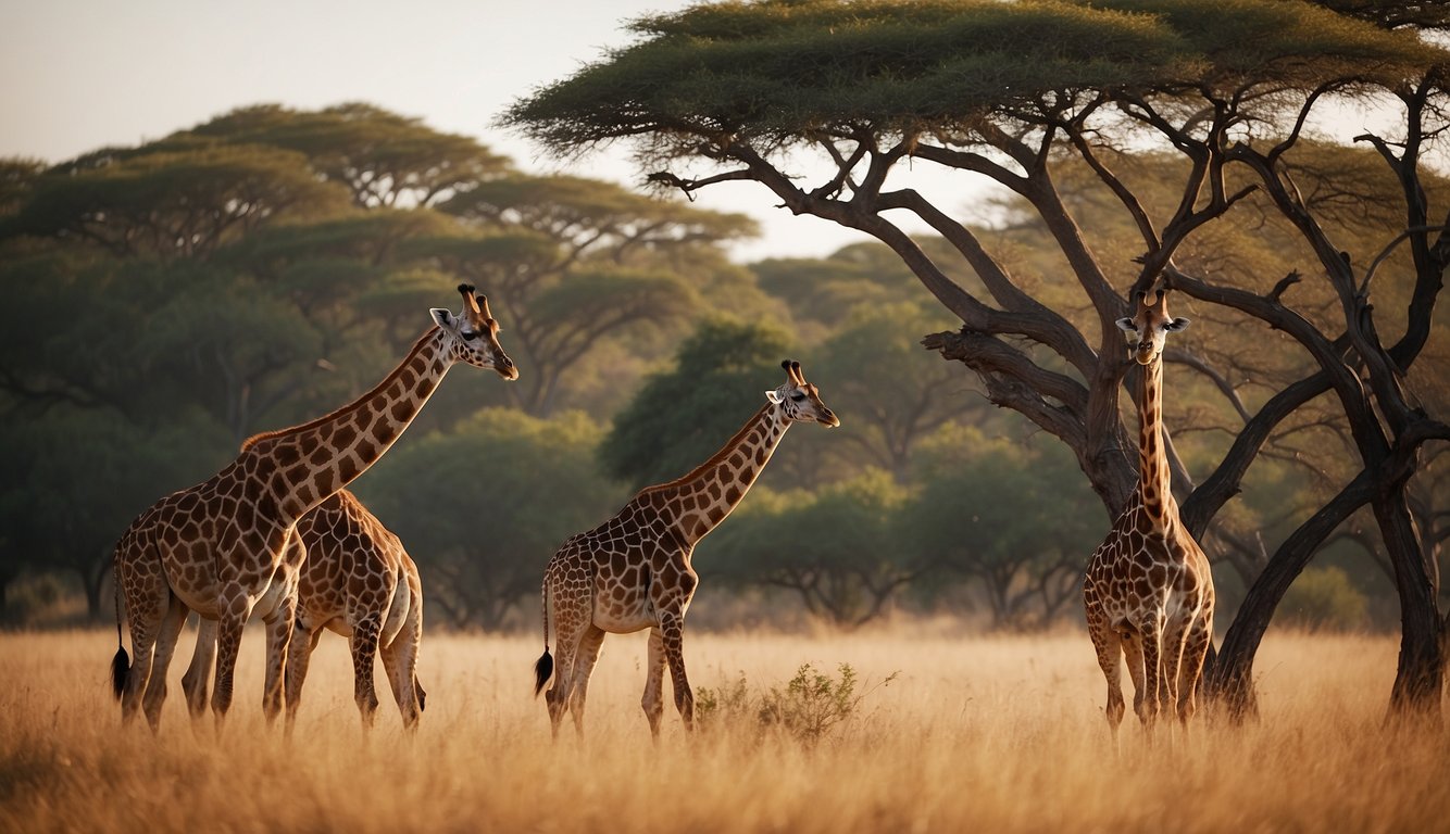 Giraffes grazing on tall trees, showcasing their long necks and unique spots, as they stand tall in the African savannah
