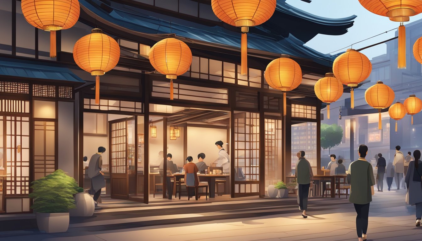 A bustling Japanese restaurant near city hall with traditional lanterns and a modern exterior