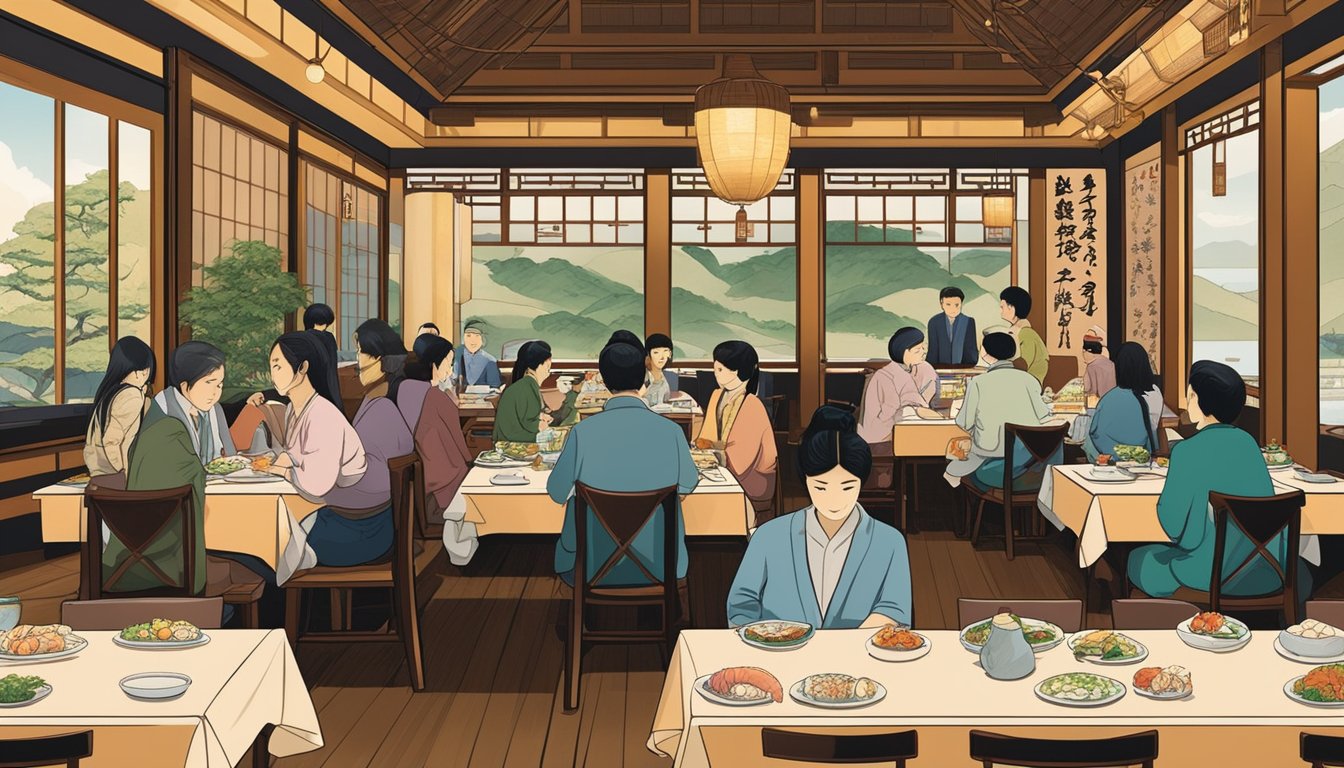 Customers enjoying traditional Japanese cuisine at City Hall restaurant. Sushi, sashimi, and tempura dishes fill the tables. Traditional Japanese decor adorns the walls