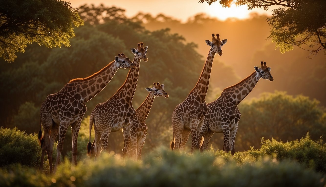 A group of giraffes stand tall, their long necks reaching for the leaves on the treetops.

The sun sets behind them, casting a warm glow on their spotted coats
