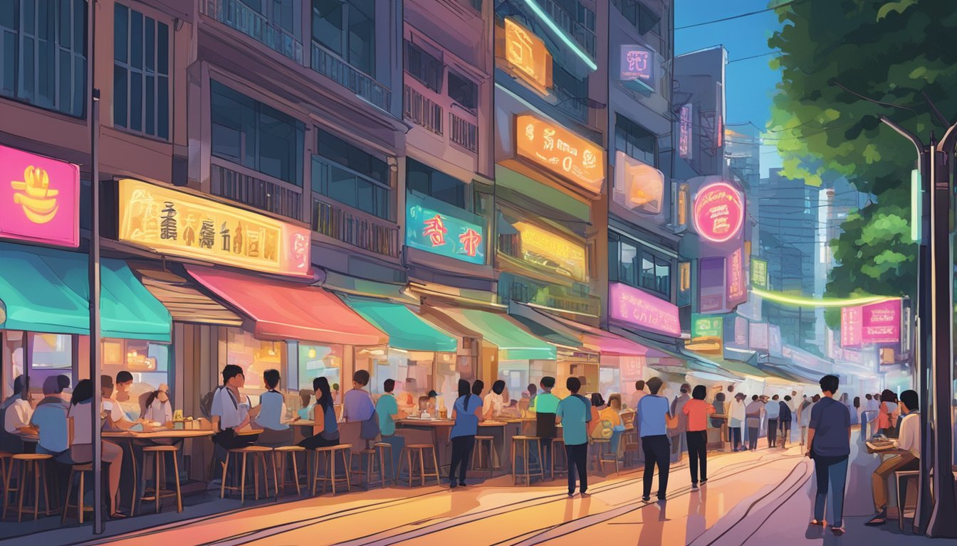 A bustling street in Singapore, with colorful neon signs illuminating a row of bustling restaurants