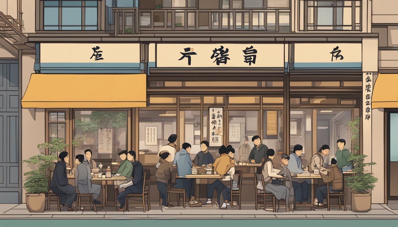 A bustling Japanese restaurant near city hall with a line of customers, a traditional exterior, and a sign displaying "Frequently Asked Questions."