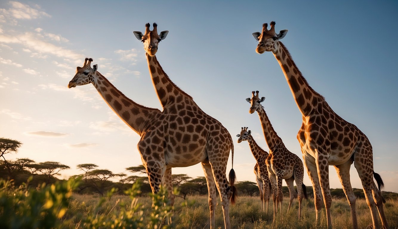 Giraffes with long necks reach for leaves in a savanna, competing for food.

Some stretch higher than others, showcasing their evolutionary advantage