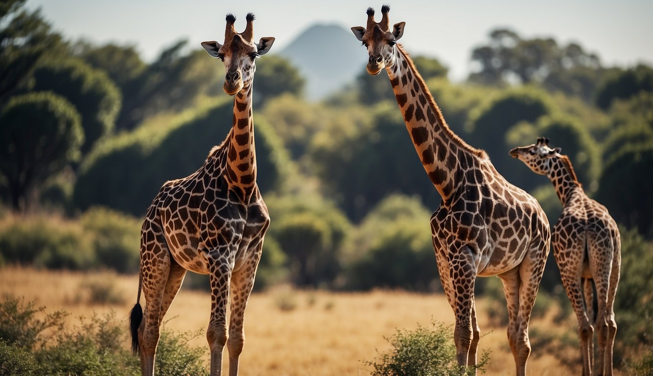 Giraffes grazing in a futuristic landscape, with elongated necks and sleek bodies, surrounded by advanced technology and vibrant plant life