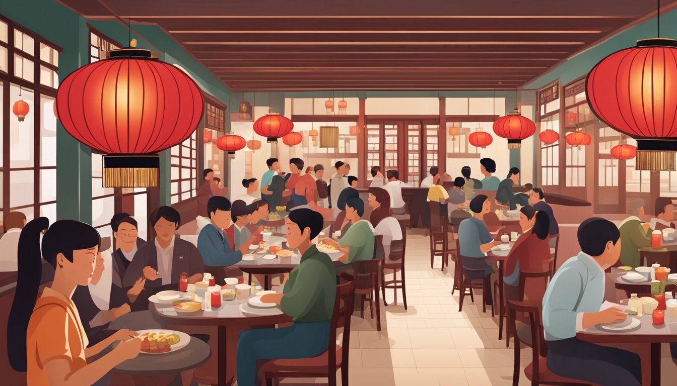 A bustling Chinese restaurant with red lanterns, round tables, and steaming dishes. Customers chat and laugh, while waiters rush back and forth