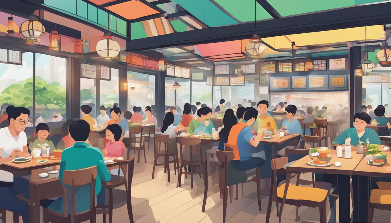 A bustling Korean restaurant in Novena, with colorful decor and steaming dishes on tables. Customers chat and laugh, while the aroma of sizzling meats fills the air