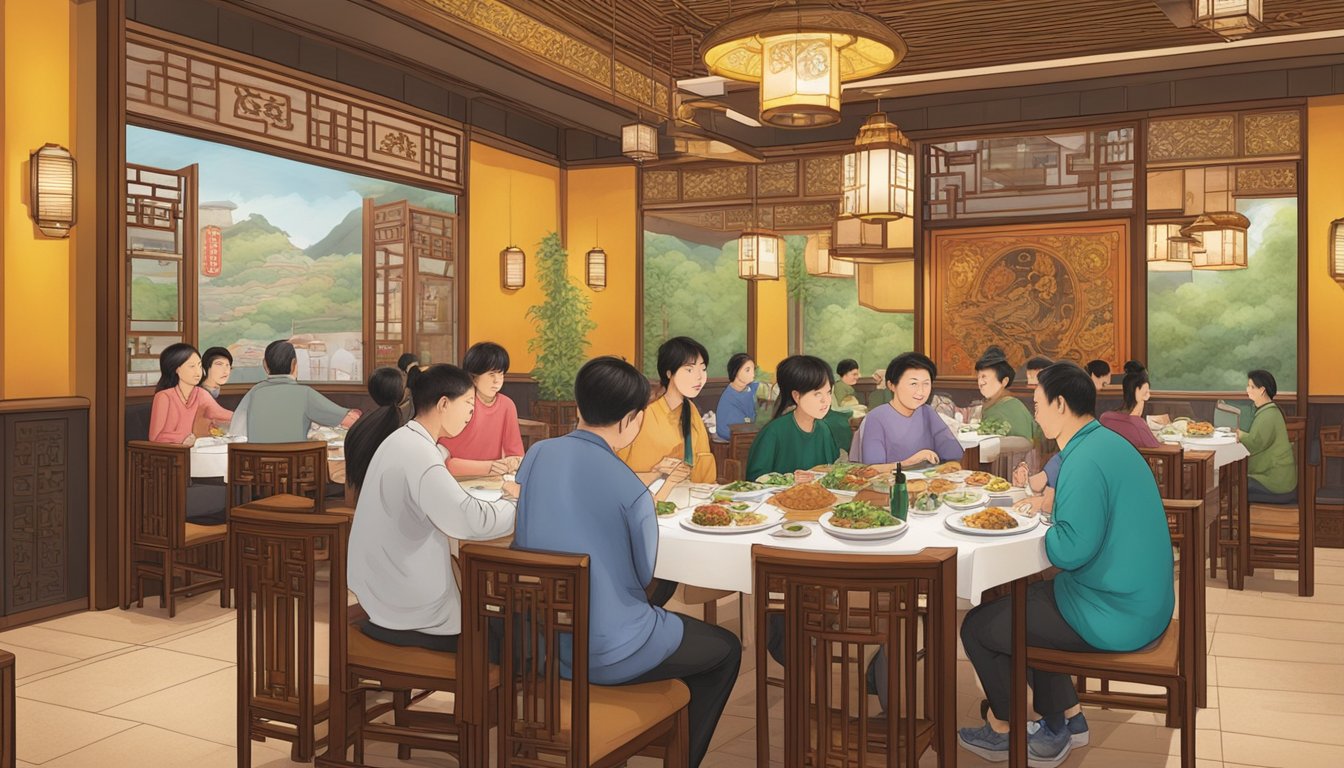 Customers dine at Dong Hai Restaurant, surrounded by traditional Chinese decor and the aroma of sizzling stir-fry dishes
