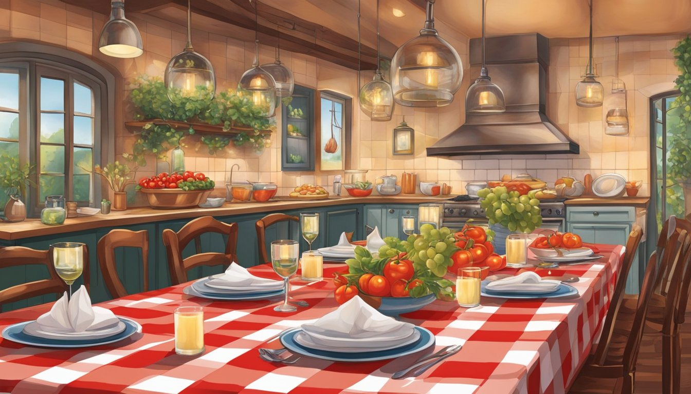 Tables set with red checkered tablecloths, wine glasses, and candles. Walls adorned with Italian art. A bustling open kitchen fills the air with the aroma of garlic and tomatoes