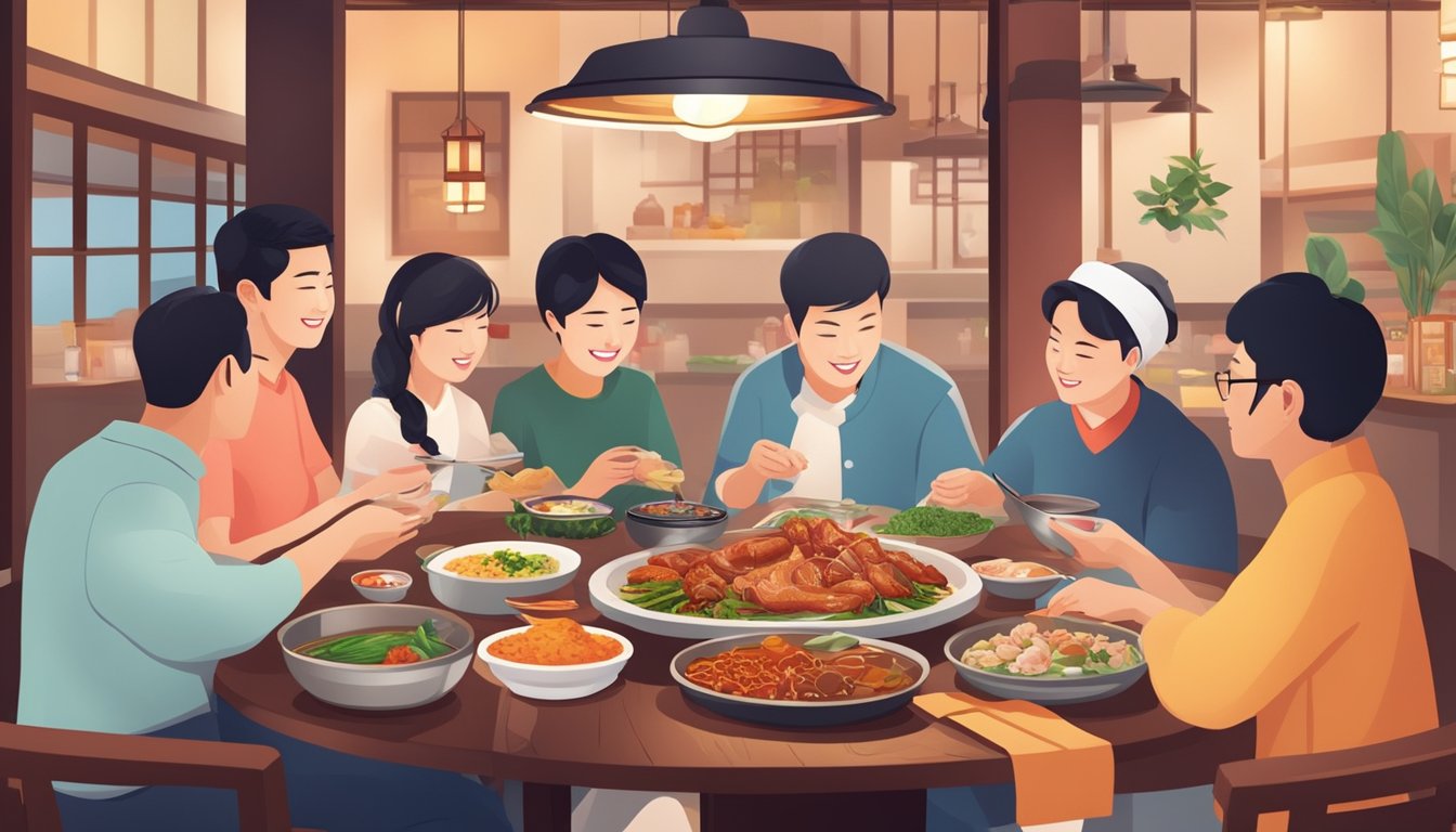 Customers enjoying traditional Korean dishes in a cozy Novena restaurant, surrounded by vibrant decor and the aroma of sizzling meats and savory spices