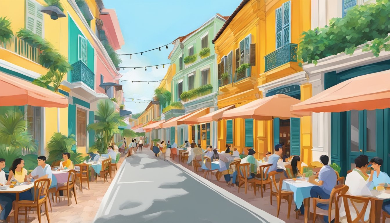 Vibrant street with colorful buildings, outdoor seating, and lively atmosphere of Joo Chiat's Italian dining scene