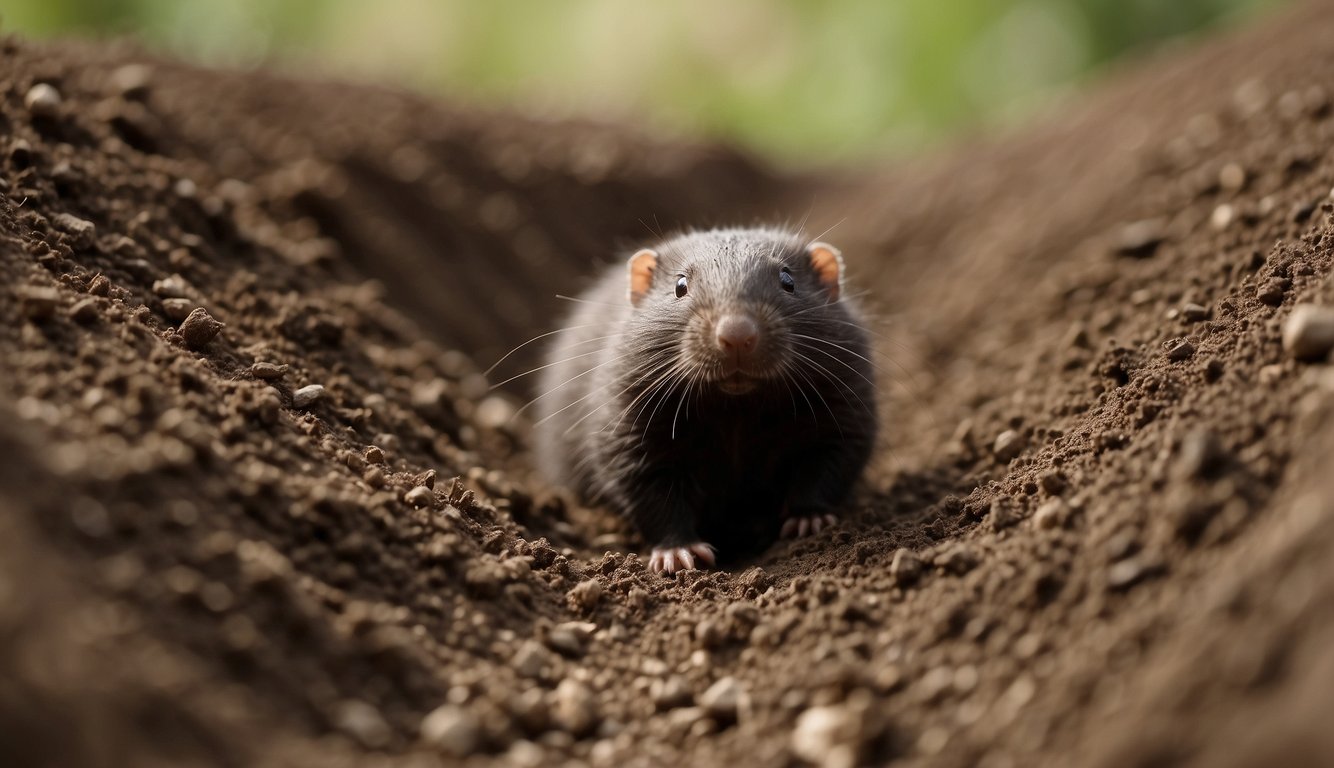 Moles tunneling through dirt, creating intricate underground pathways.

Soil flying as they dig with powerful front paws