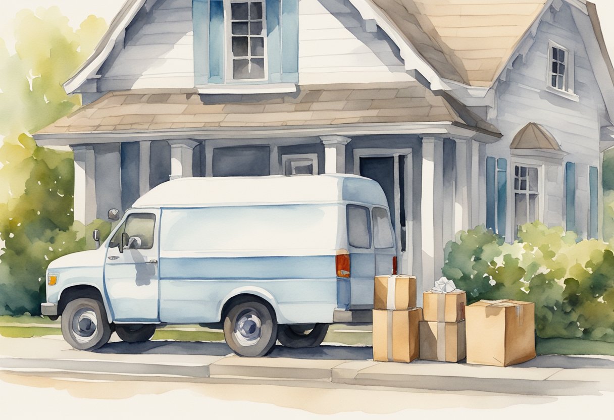 A delivery truck parked outside a house, with a package being handed to a smiling customer at the doorstep