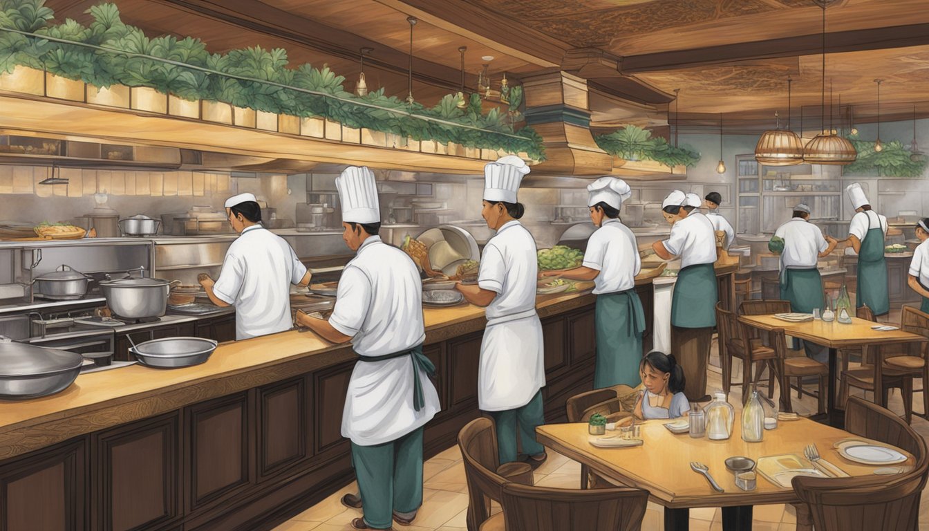 Customers dining at tables, servers taking orders, and chefs cooking in the open kitchen of Mandalay restaurant
