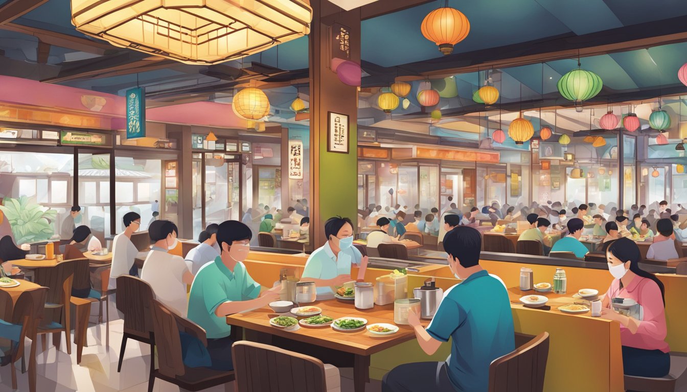A bustling Korean restaurant in Novena, with colorful decor and steaming dishes being served to eager customers