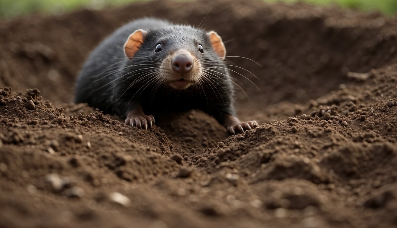 A mole digs through the earth, pushing aside dirt with powerful paws.

Tunnels twist and turn, showing the burrowing prowess of these creatures