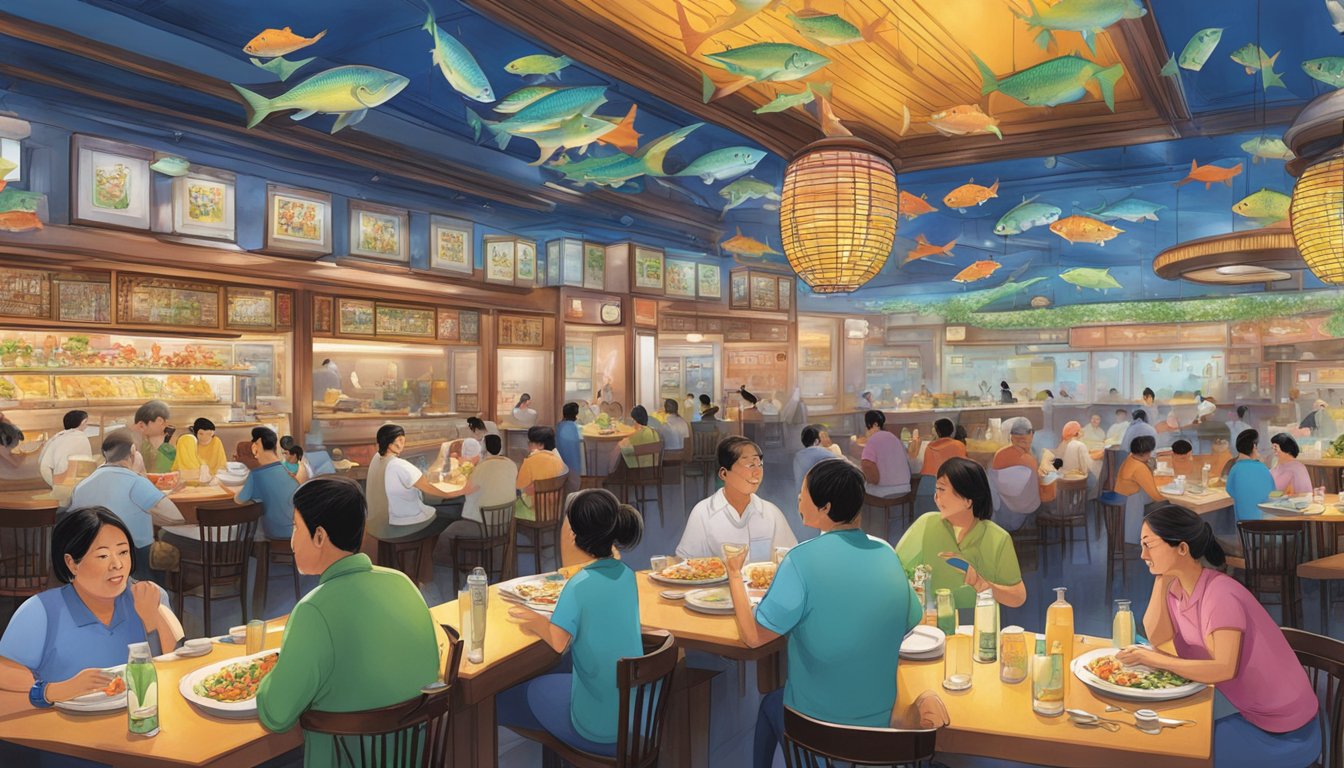Customers dining at Fatty Fong Seafood Restaurant, with colorful fish tanks, bustling waitstaff, and delicious aromas filling the air