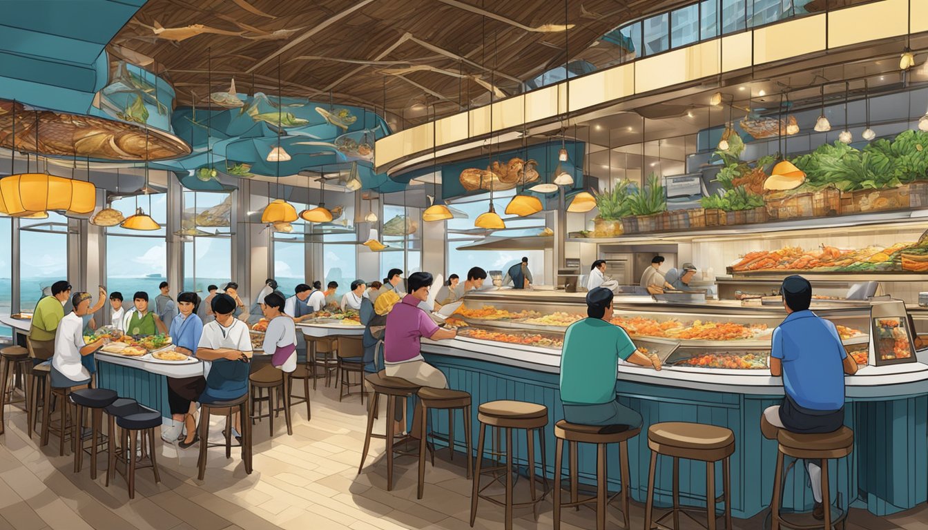 A bustling seafood restaurant at Marina Bay Sands Shoppes, with colorful displays of fresh fish and shellfish, busy chefs cooking in an open kitchen, and diners enjoying the lively atmosphere