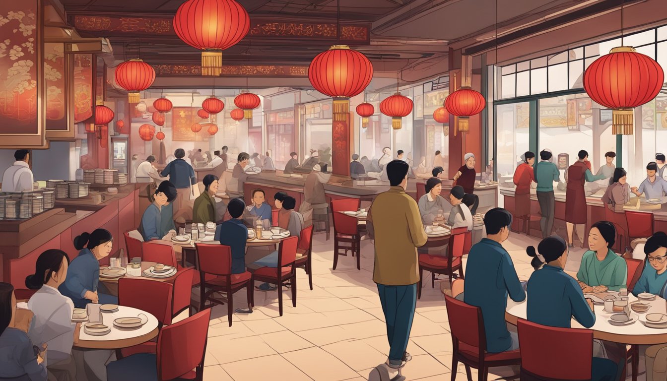 A bustling Chinese restaurant with red lanterns, round tables, and steaming food. Customers chat and servers rush back and forth